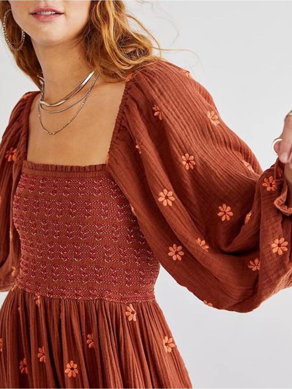 Women’s Rust Floral Smocked Maxi Dress - Picture 3 of 10